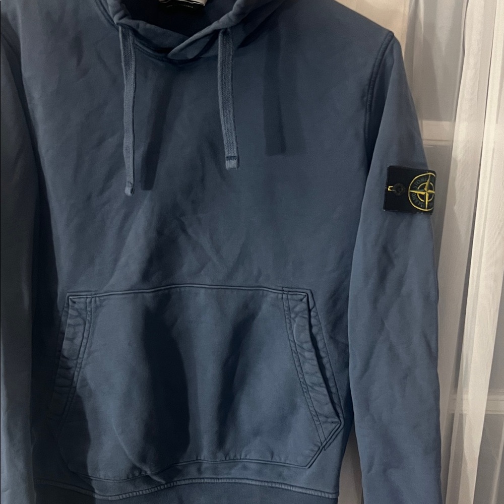 Stone Island Blue Cotton Pullover Hoodie with Logo Patch On sleeve Men’s Medium - Picture 7 of 14